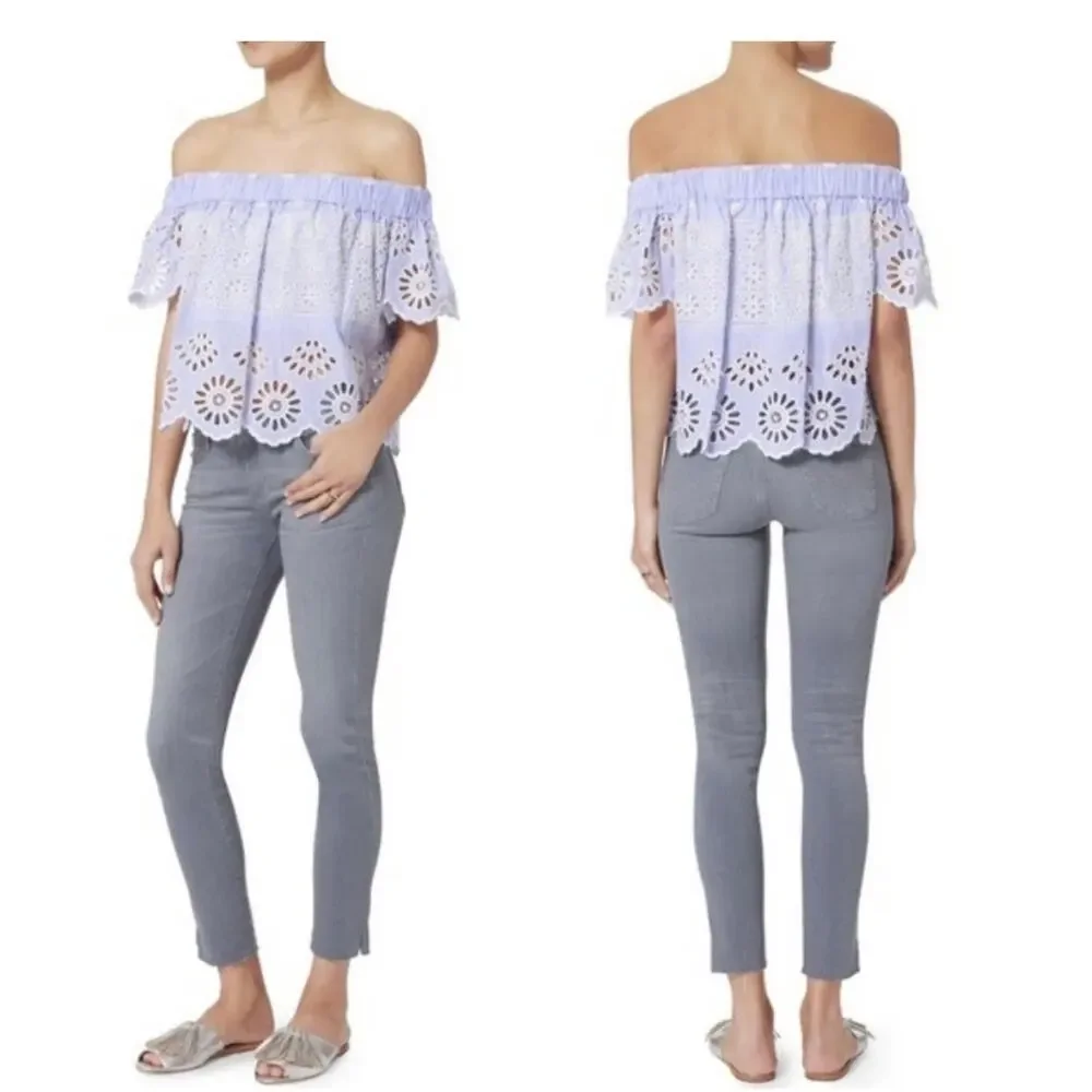 SEA New York Off-the-Shoulder Blue White Stripe Eyelet Top Size 0 - Picture 2 of 9